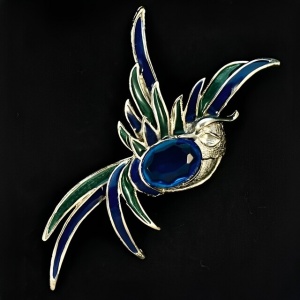 Silver Plated Blue and Green Enamel Bird Brooch circa 1980s